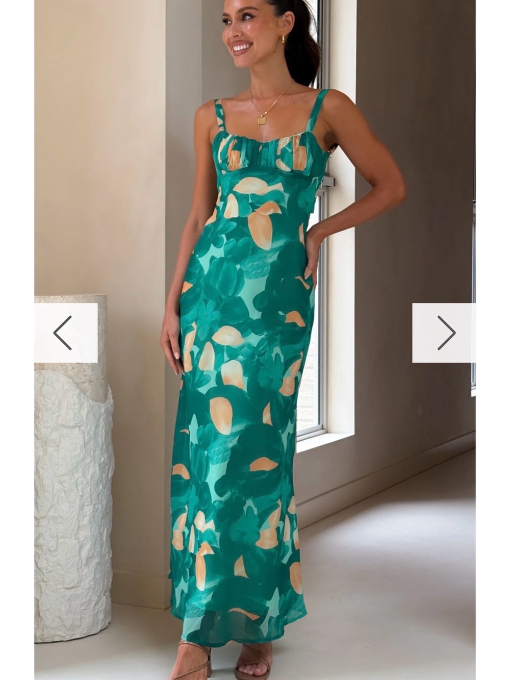 Green Floral Print Maxi Dress with Peach Accents